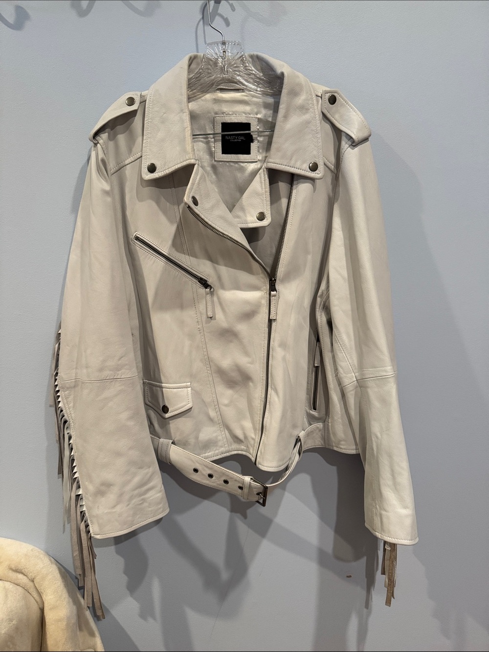 Nasty Gal Collection White Leather Moto Fringe Jacket Size XL